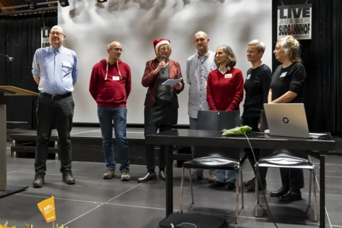 Vorstand des ADFC Frankfurt. v. l.: Michael Genthner, Thomas Tomala, Svea Birte Schuch, Klaus Schmidt-Montfort, Hannah Kessler, Anke Bruß, Dagmar Berges. Entschuldigt: Alexander Schulz, Dr. Susanne Neumann